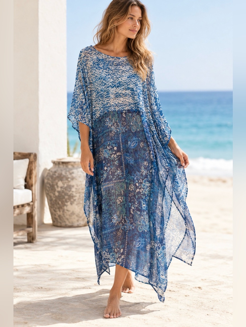 Full length sheer kaftan dress beach coverup M/L